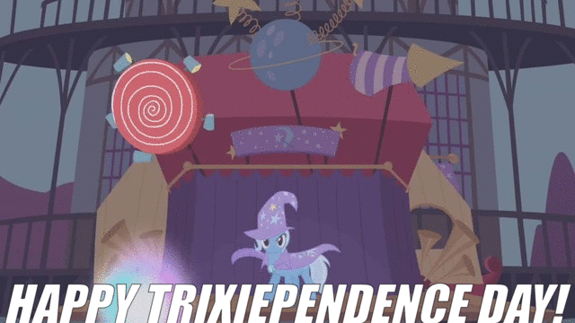 Size: 640x360 | Tagged: safe, edit, edited screencap, screencap, character:trixie, episode:boast busters, g4, my little pony: friendship is magic, animated, bipedal, female, fireworks, image macro, independence day, meme, solo, trixie yells at everything