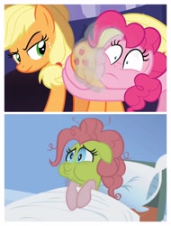 Size: 3106x4096 | Tagged: safe, edit, edited screencap, screencap, character:applejack, character:pinkie pie, species:earth pony, species:pony, episode:applebuck season, episode:shadow play, g4, my little pony: friendship is magic, baked bads, butt touch, butthug, face fart, faceful of ass, fart, fart edit, female, green face, hug, mare, pinkie hugging applejack's butt, sick