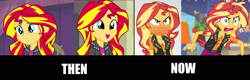 Size: 2861x917 | Tagged: safe, edit, screencap, character:sunset shimmer, equestria girls:rainbow rocks, equestria girls:rollercoaster of friendship, g4, my little pony: equestria girls, my little pony:equestria girls, angry, blushing, blushing profusely, comparison, cute, frown, geode of empathy, glare, happy, it's not about the parakeet, jewelry, messy hair, necklace, open mouth, red face, smiling, then and now, tongue out, wrath