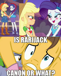 Size: 1080x1350 | Tagged: safe, edit, edited screencap, screencap, character:applejack, character:caramel, character:diamond cutter, character:fluttershy, character:rarity, species:pony, ship:rarijack, episode:fame and misfortune, equestria girls:rollercoaster of friendship, g4, my little pony: equestria girls, my little pony: friendship is magic, my little pony:equestria girls, argument, blushing, cellphone, cropped, dramamel, exploitable meme, female, heart, lesbian, me my selfie and i, meme, phone, pink shirt, ponyville, shipping, shipping fuel, smartphone, yelling