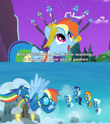 Size: 1280x1440 | Tagged: safe, edit, edited screencap, screencap, character:fleetfoot, character:misty fly, character:rainbow dash, character:soarin', character:spitfire, species:pegasus, species:pony, episode:the best night ever, g4, my little pony: friendship is magic, season 8, spoiler:s08, clothing, dream come true, dress, gala dress, goggles, salute, text, uniform, wonderbolts, wonderbolts uniform