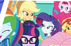 Size: 921x597 | Tagged: safe, edit, edited screencap, screencap, character:applejack, character:fluttershy, character:pinkie pie, character:rainbow dash, character:rarity, character:sunset shimmer, character:twilight sparkle, character:twilight sparkle (scitwi), species:eqg human, equestria girls:rollercoaster of friendship, g4, my little pony: equestria girls, my little pony:equestria girls, female, geode of shielding, geode of super strength, implied fluttershy, implied lesbian, implied rarijack, implied shipping, shipping fuel