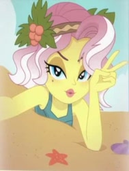 Size: 336x444 | Tagged: safe, edit, edited screencap, screencap, character:vignette valencia, equestria girls:rollercoaster of friendship, g4, my little pony: equestria girls, my little pony:equestria girls, beach, clam, clothing, cropped, female, looking at you, peace sign, selfie, solo, starfish, swimsuit, u no how i do, vignette valencia