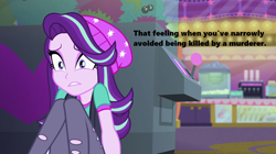Size: 1280x718 | Tagged: safe, edit, edited screencap, screencap, character:starlight glimmer, equestria girls:mirror magic, g4, my little pony: equestria girls, my little pony:equestria girls, spoiler:eqg specials, arcade, cinema, concession stand, crouching, female, implied killer, scared, shrunken pupils, solo, text, tfw