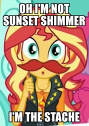 Size: 410x575 | Tagged: safe, edit, edited screencap, screencap, character:sunset shimmer, equestria girls:rollercoaster of friendship, g4, my little pony: equestria girls, my little pony:equestria girls, button's adventures, cropped, fake moustache, geode of empathy, image macro, meme, the stache