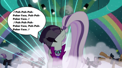Size: 1280x720 | Tagged: safe, edit, edited screencap, screencap, character:coloratura, character:countess coloratura, character:limelight, character:smooth move, character:spectrum shades, species:pony, episode:the mane attraction, g4, my little pony: friendship is magic, season 5, backup dancers, big clothes, big hair, dialogue, false eyelashes, fog, lady gaga, lights, music notes, poker face (song), rainbow, singing, song reference, speech bubble, stage, the spectacle, turbo bass, veil
