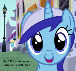 Size: 765x720 | Tagged: safe, edit, edited screencap, screencap, character:minuette, episode:amending fences, g4, my little pony: friendship is magic, bronybait, canterlot, cropped, cute, female, invitation, lamppost, minubetes, solo, text