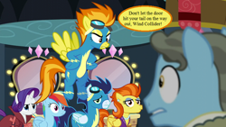 Size: 800x450 | Tagged: safe, edit, edited screencap, screencap, character:rainbow dash, character:rarity, character:soarin', character:spitfire, character:stormy flare, character:wind rider, episode:rarity investigates, g4, my little pony: friendship is magic, angry, clothing, dialogue, fired, goggles, laser-guided karma, mirror, speech bubble, text, uniform, wonderbolts uniform