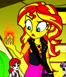 Size: 859x1000 | Tagged: safe, edit, edited screencap, screencap, character:nolan north, character:sunset shimmer, equestria girls:forgotten friendship, g4, my little pony: equestria girls, my little pony:equestria girls, cropped, deep fried, discovery family logo, fiery shimmer, fire, nolan north, sunset holding things