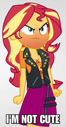 Size: 1080x2080 | Tagged: safe, edit, edited screencap, screencap, character:sunset shimmer, equestria girls:rollercoaster of friendship, g4, my little pony: equestria girls, my little pony:equestria girls, angry, blatant lies, cropped, cute, female, i'm not cute, image macro, meme, red face, shimmerbetes, simple background, solo, white background