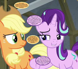Size: 864x768 | Tagged: safe, edit, edited screencap, screencap, character:applejack, character:starlight glimmer, episode:horse play, g4, my little pony: friendship is magic, applejack's hat, clothing, cowboy hat, cropped, dialogue, hat, implied apple bloom, implied big macintosh, implied granny smith, implied twilight sparkle, speech bubble, text
