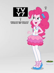 Size: 1048x1434 | Tagged: safe, edit, edited screencap, screencap, character:pinkie pie, equestria girls:rollercoaster of friendship, g4, my little pony: equestria girls, my little pony:equestria girls, breaking the fourth wall, cropped, female, food, fourth wall, geode of sugar bombs, question mark, salad, smiling, solo, tv rating, tv-y7