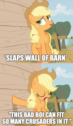 Size: 500x866 | Tagged: safe, edit, edited screencap, screencap, character:applejack, species:earth pony, species:pony, episode:the show stoppers, g4, my little pony: friendship is magic, applejack's hat, car salesman, clothing, cowboy hat, female, hat, image macro, mare, meme, open mouth, slaps roof of car meme, solo