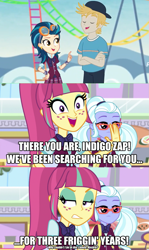 Size: 917x1536 | Tagged: safe, edit, edited screencap, screencap, character:indigo zap, character:sour sweet, character:sugarcoat, equestria girls:dance magic, equestria girls:rollercoaster of friendship, g4, my little pony: equestria girls, my little pony:equestria girls, spoiler:eqg specials, background human, bipolar, cameo, crystal prep shadowbolts, gold rush (character), image macro, jealous, meme, reunion, two-face sour sweet
