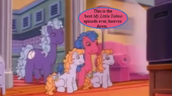 Size: 513x285 | Tagged: safe, edit, edited screencap, screencap, character:melody, episode:battle of the bands, g1, my little pony tales, cropped, dialogue, gulliver's travels, jing-a-ling, melody's mom, my little human, speech bubble, television, text, ting-a-ling