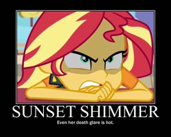 Size: 750x600 | Tagged: safe, edit, edited screencap, screencap, character:sunset shimmer, equestria girls:rollercoaster of friendship, g4, my little pony: equestria girls, my little pony:equestria girls, angry, cropped, female, kubrick stare, motivational poster, solo