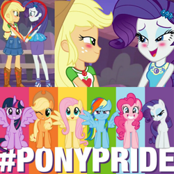 Size: 1080x1080 | Tagged: safe, edit, edited screencap, screencap, character:applejack, character:fluttershy, character:pinkie pie, character:rainbow dash, character:rarity, character:twilight sparkle, character:twilight sparkle (alicorn), species:alicorn, species:earth pony, species:pegasus, species:pony, species:unicorn, ship:rarijack, equestria girls:rollercoaster of friendship, g4, my little pony: equestria girls, my little pony:equestria girls, bashing, blushing, clothing, cowboy hat, double wings, female, gay pride, gay pride flag, hasbro, hashtag, hat, heart, instagram, lesbian, lgbt, lidded eyes, looking at you, mane six, mare, multiple wings, one eye closed, pride, pride flag, pride month, shipping, shipping fuel, trying too hard, wink, you had one job
