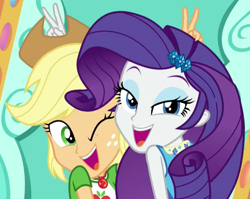 Size: 763x608 | Tagged: safe, edit, edited screencap, screencap, character:applejack, character:rarity, equestria girls:rollercoaster of friendship, g4, my little pony: equestria girls, my little pony:equestria girls, bunny ears (gesture), cropped, cute, duo, eyeshadow, female, geode of super strength, jackabetes, lesbian, lidded eyes, looking at you, makeup, one eye closed, raribetes, shipping fuel