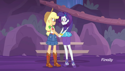 Size: 1280x720 | Tagged: safe, edit, edited screencap, screencap, character:applejack, character:rarity, equestria girls:rollercoaster of friendship, g4, my little pony: equestria girls, my little pony:equestria girls, blushing, cute, female, holding hands, jackabetes, raribetes, shipping fuel, smiling, waterfall