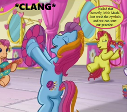Size: 540x480 | Tagged: safe, edit, edited screencap, screencap, character:fiesta flair, character:sparkleworks, character:sunny daze (g3), episode:pinkie pie and the ladybug jamboree, g3, bongos, cropped, curtains, cymbals, dialogue, maracas, mirror, mish mash mee, musical instrument, sound effect, speech bubble, text, ukulele