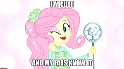 Size: 888x499 | Tagged: safe, edit, edited screencap, screencap, character:fluttershy, episode:so much more to me, g4, my little pony: equestria girls, my little pony:equestria girls, beautiful, cute, female, image macro, meme, microphone, shyabetes, solo