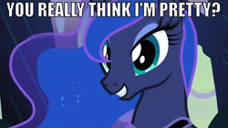 Size: 810x455 | Tagged: safe, edit, edited screencap, screencap, character:princess luna, species:alicorn, species:pony, episode:sleepless in ponyville, g4, my little pony: friendship is magic, bronybait, female, grin, image macro, mare, smiling, solo