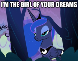 Size: 625x494 | Tagged: safe, edit, edited screencap, screencap, character:princess luna, species:alicorn, species:pony, episode:sleepless in ponyville, g4, my little pony: friendship is magic, bedroom eyes, blinking, bronybait, crown, dream walker luna, ethereal mane, eyeshadow, female, flowing mane, forest, galaxy mane, image macro, jewelry, makeup, mare, moonbutt, peytral, praise the moon, pun, regalia, sexy, smiling, stupid sexy princess luna, text