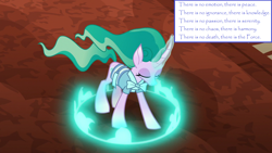 Size: 1280x720 | Tagged: safe, edit, edited screencap, screencap, character:mistmane, species:pony, species:unicorn, episode:campfire tales, g4, my little pony: friendship is magic, ancient equestria, circle, clothing, crossover, curved horn, ethereal mane, eyes closed, female, flowing mane, jedi code, magic, magic aura, mare, papyrus (font), season 7, solo, star wars, star wars expanded universe, text, text box