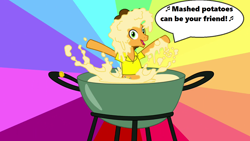 Size: 1280x720 | Tagged: safe, edit, edited screencap, screencap, character:cheese sandwich, episode:pinkie pride, g4, my little pony: friendship is magic, season 4, dare to be stupid, dialogue, fondue, music notes, party pony, pot, rainbow background, singing, solo, song reference, speech bubble, text, weird al yankovic