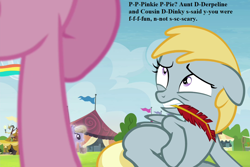 Size: 1080x720 | Tagged: safe, edit, edited screencap, screencap, character:chirpy hooves, character:pinkie pie, episode:trade ya, g4, my little pony: friendship is magic, amber waves, chirpy hooves, cropped, discord lamp, feather, frightened, implied derpy, implied dinky, pennant, stuttering, tent, terrified, text