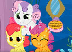 Size: 875x625 | Tagged: safe, edit, edited screencap, screencap, character:apple bloom, character:scootaloo, character:sweetie belle, species:pegasus, species:pony, species:seapony (g4), episode:surf and/or turf, g4, my little pony: friendship is magic, adorabloom, bow, cropped, cute, cutealoo, cutie mark crusaders, dialogue, diasweetes, hair bow, implied babs, implied gabby, sea-mcs, seaponified, seapony apple bloom, seapony scootaloo, seapony sweetie belle, seaquestria, smiling, species swap, speech bubble, text
