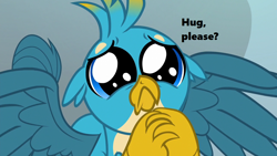Size: 1280x720 | Tagged: safe, edit, edited screencap, screencap, character:gallus, species:griffon, episode:school daze, g4, my little pony: friendship is magic, season 8, bronybait, cute, gallabetes, hug request, male, puppy dog eyes, solo, spread wings, text, wings