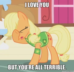 Size: 600x586 | Tagged: safe, edit, edited screencap, screencap, character:applejack, species:earth pony, species:pony, episode:winter wrap up, g4, my little pony: friendship is magic, armband, bob's burgers, cropped, eyes closed, facehoof, female, image macro, mare, meme, plant team, solo, winter wrap up vest