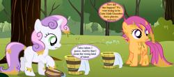 Size: 864x384 | Tagged: safe, edit, edited screencap, screencap, character:scootaloo, character:sweetie belle, species:pegasus, species:pony, episode:the cutie mark chronicles, g4, my little pony: friendship is magic, bucket, bush, cropped, dialogue, epic fail, fail, hook, noodle incident, speech bubble, text, tree, tree sap and pine needles, wash cloth, washcloth