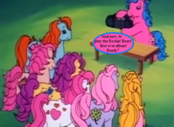 Size: 561x408 | Tagged: safe, edit, edited screencap, screencap, character:bon bon (g1), character:bright eyes, character:clover (g1), character:melody, character:patch (g1), character:starlight (g1), character:sweetheart, episode:stand by me, g1, my little pony tales, boombox, cropped, dialogue, implied rockin' beats, speech bubble, text