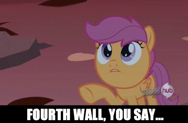 Size: 638x418 | Tagged: safe, edit, edited screencap, screencap, character:scootaloo, species:pegasus, species:pony, episode:sleepless in ponyville, g4, my little pony: friendship is magic, :o, animated, blinking, female, fourth wall, frown, gif, glare, hub logo, image macro, open mouth, poking, raised hoof, ripple, ripples, solo, talking, touch, underhoof