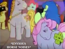 Size: 420x315 | Tagged: safe, edit, edited screencap, screencap, character:clover (g1), character:meadowlark, species:pony, episode:send in the clown, g1, my little pony tales, camera, cropped, descriptive noise, horse noises, jealous, paparazzi, train station
