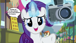 Size: 1280x720 | Tagged: safe, edit, edited screencap, screencap, character:neigh sayer, character:rarity, species:earth pony, species:pony, species:unicorn, episode:the gift of the maud pie, g4, my little pony: friendship is magic, barrels, booth, bronybait, camera, clothing, cute, darling, dialogue, fabulous, female, flea market, glowing horn, gratuitous french, hat, horn, levitation, looking at you, lucky breaks, magic, magic aura, manehattan, mare, market, pegasus olsen, peggy holstein, raribetes, season 6, solo focus, speech bubble, telekinesis, text