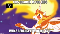 Size: 889x500 | Tagged: safe, edit, edited screencap, screencap, character:daybreaker, character:princess celestia, species:alicorn, species:pony, episode:a royal problem, g4, my little pony: friendship is magic, dialogue, discovery family logo, female, image macro, mare, meme, pun, solo, text, tv rating, tv-y