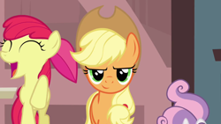 Size: 1280x720 | Tagged: safe, edit, screencap, character:apple bloom, character:applejack, character:sweetie belle, episode:one bad apple, g4, my little pony: friendship is magic, caption, inverted mouth, pure unfiltered evil, smiling