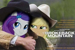 Size: 695x459 | Tagged: safe, edit, screencap, character:applejack, character:rarity, ship:rarijack, my little pony:equestria girls, brokeback mountain, female, jewelry, lesbian, op is a duck, op is trying to start shit, parody, shipping, the implications are horrible, unpleasant implications