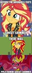 Size: 500x1138 | Tagged: safe, edit, edited screencap, screencap, character:sunset satan, character:sunset shimmer, equestria girls:equestria girls, equestria girls:rollercoaster of friendship, g4, my little pony: equestria girls, my little pony:equestria girls, before and after, caption, crown, cute, demon, geode of empathy, jewelry, necklace, regalia, sharp teeth, smiling, sunset satan, teeth