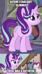 Size: 344x611 | Tagged: safe, edit, edited screencap, screencap, character:starlight glimmer, species:pony, episode:the crystalling, episode:the cutie map, g4, my little pony: friendship is magic, before and after, cropped, cutie mark, equality mark, female, image macro, mane, mare, meme, our town, s5 starlight, smiling