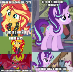 Size: 720x717 | Tagged: safe, edit, edited screencap, screencap, character:starlight glimmer, character:sunset shimmer, species:pony, episode:the crystalling, episode:the cutie map, equestria girls:equestria girls, equestria girls:rollercoaster of friendship, g4, my little pony: equestria girls, my little pony: friendship is magic, my little pony:equestria girls, before and after, caption, crown, cute, cutie mark, equality mark, female, geode of empathy, image macro, jewelry, mane, mare, meme, necklace, op started shit, our town, regalia, s5 starlight, sharp teeth, smiling, sunset vs starlight debate, teeth