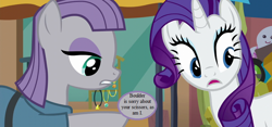 Size: 800x375 | Tagged: safe, edit, edited screencap, screencap, character:maud pie, character:rarity, episode:the gift of the maud pie, g4, my little pony: friendship is magic, cropped, dialogue, implied boulder, manehattan, rock paper scissors, speech bubble, text