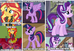 Size: 720x495 | Tagged: safe, edit, edited screencap, screencap, character:starlight glimmer, character:sunset satan, character:sunset shimmer, character:twilight sparkle, character:twilight sparkle (alicorn), character:twilight sparkle (unicorn), species:alicorn, species:pony, species:unicorn, episode:a canterlot wedding, episode:the crystalling, episode:the cutie map, equestria girls:equestria girls, equestria girls:rollercoaster of friendship, g4, my little pony: equestria girls, my little pony: friendship is magic, my little pony:equestria girls, before and after, bully, caption, cropped, crown, cute, cutie mark, demon, equality mark, female, geode of empathy, image macro, jewelry, mane, mare, meme, necklace, our town, raised hoof, regalia, sharp teeth, smiling, spread wings, sunset satan, teeth, wings