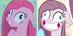 Size: 1388x682 | Tagged: safe, edit, edited screencap, screencap, character:pinkamena diane pie, character:pinkie pie, episode:party of one, episode:yakity-sax, g4, my little pony: friendship is magic, art evolution, comparison, contemplating insanity, derp, faec, grin, happiness, nightmare fuel, smiling