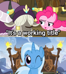 Size: 1920x2160 | Tagged: safe, edit, edited screencap, screencap, character:pinkie pie, character:trixie, species:yak, episode:yakity-sax, g4, my little pony: friendship is magic, cute, diatrixes, it's a working title, one eye closed, smiling, text, whispering, wink, yakyakistan, yigrid