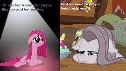 Size: 1280x720 | Tagged: safe, edit, edited screencap, screencap, character:pinkamena diane pie, character:pinkie pie, species:earth pony, species:pony, episode:party of one, episode:yakity-sax, g4, my little pony: friendship is magic, comparison, depressed, female, floppy ears, food, frown, ice cream, leaning, lidded eyes, mare, odd priorities, op has a point, sitting, spotlight, squishy cheeks, sundae, text, truth, wavy mouth