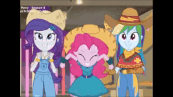 Size: 854x480 | Tagged: safe, edit, edited screencap, screencap, character:pinkie pie, character:rainbow dash, character:rarity, episode:five to nine, g4, my little pony: equestria girls, my little pony:equestria girls, animated, barn, boots, bracelet, clothing, cowboy hat, cowgirl, cowgirl outfit, cute, dancing, dancity, dashabetes, diapinkes, dress, eyes closed, farmer pinkie, hat, jacket, jewelry, music, overalls, pants, raribetes, rarihick, shoes, smiling, sound, stetson, webm